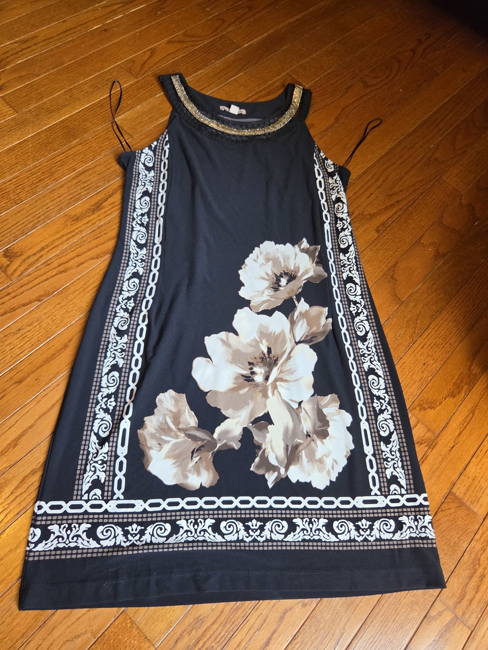 Jessica McClintock Black Midi Dress with Beige Floral Print & Gold-Trim Neckline
